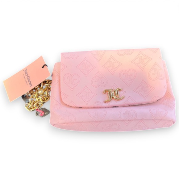 Juicy Couture Handbags - Juicy Couture Pink Monogram Clutch Bag Wristlet Purse‎ Gold Chain Charm Y2K Soft